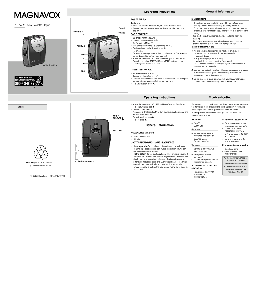 Magnavox AQ 6570 manual Power Supply, Radio Reception, Cassette Playback, Maintenance, Environmental Note, Problem 