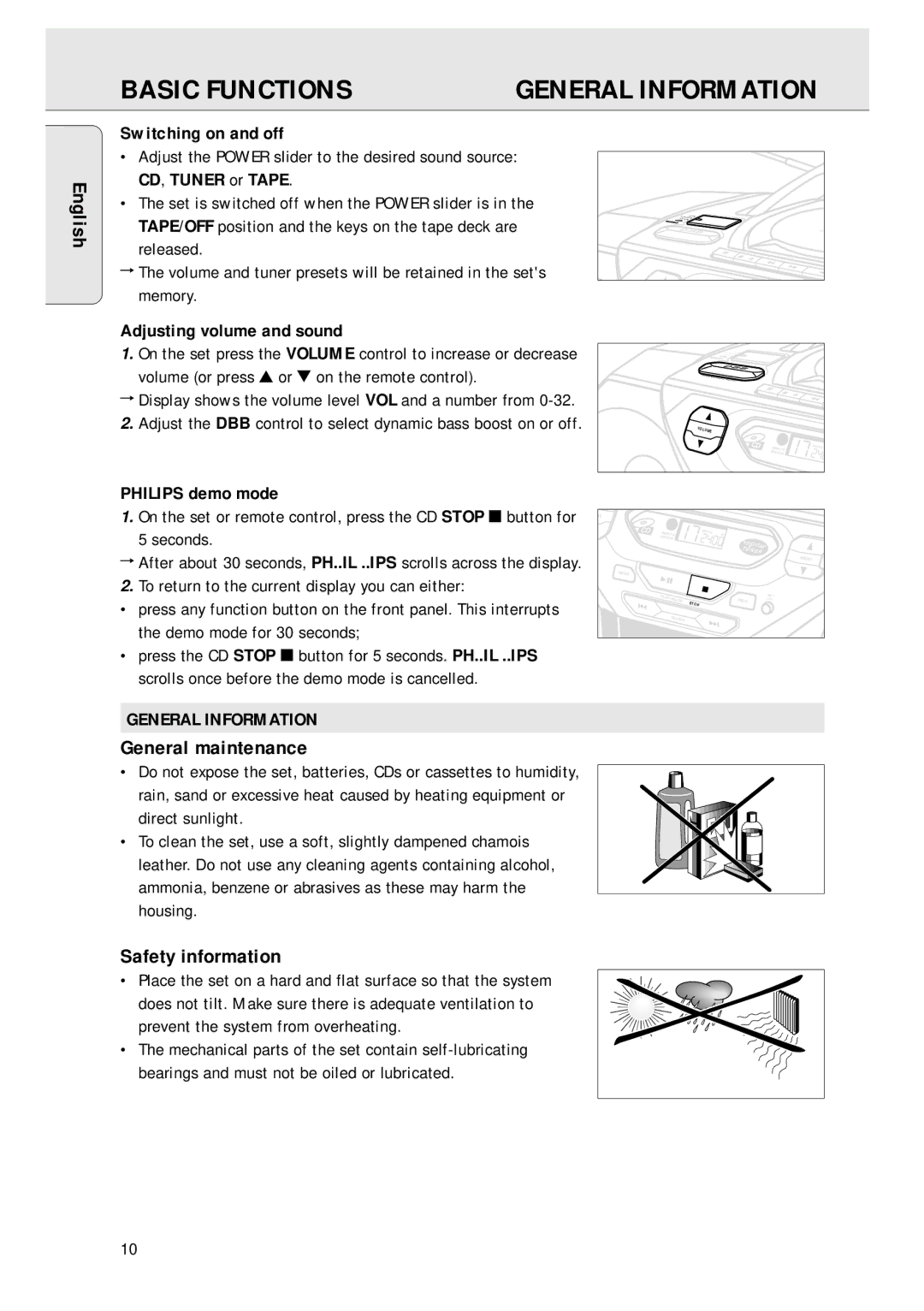 Magnavox AZ 1045 manual Basic Functions, General maintenance, Safety information, General Information 