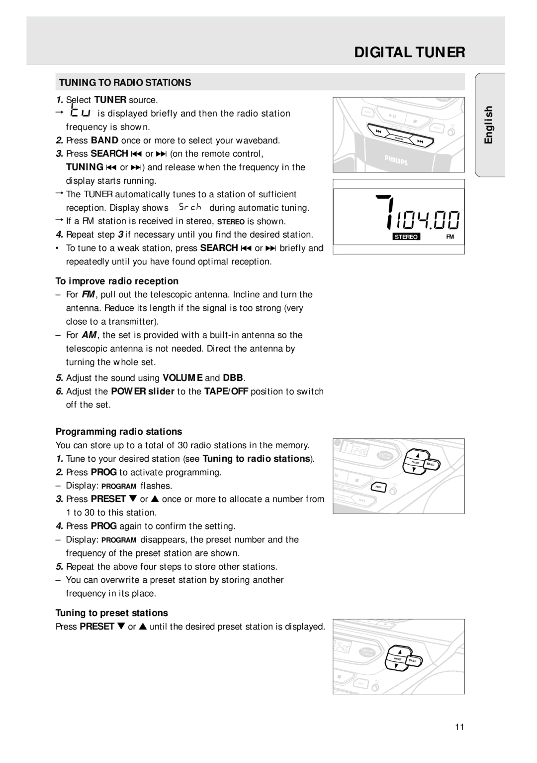 Magnavox AZ 1045 manual Digital Tuner, Tuning to Radio Stations, To improve radio reception, Programming radio stations 