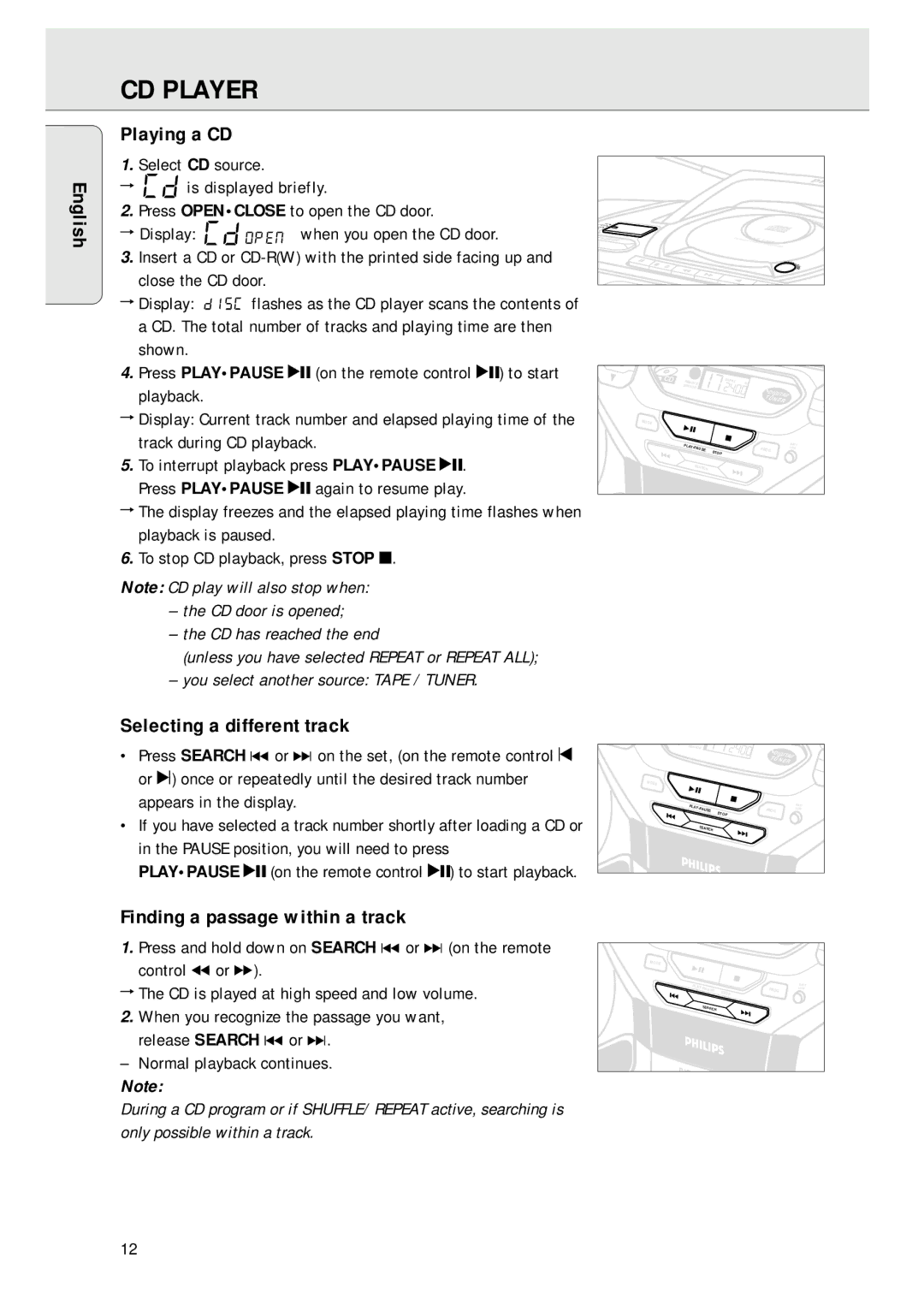 Magnavox AZ 1045 manual CD Player, Playing a CD, Selecting a different track, Finding a passage within a track 