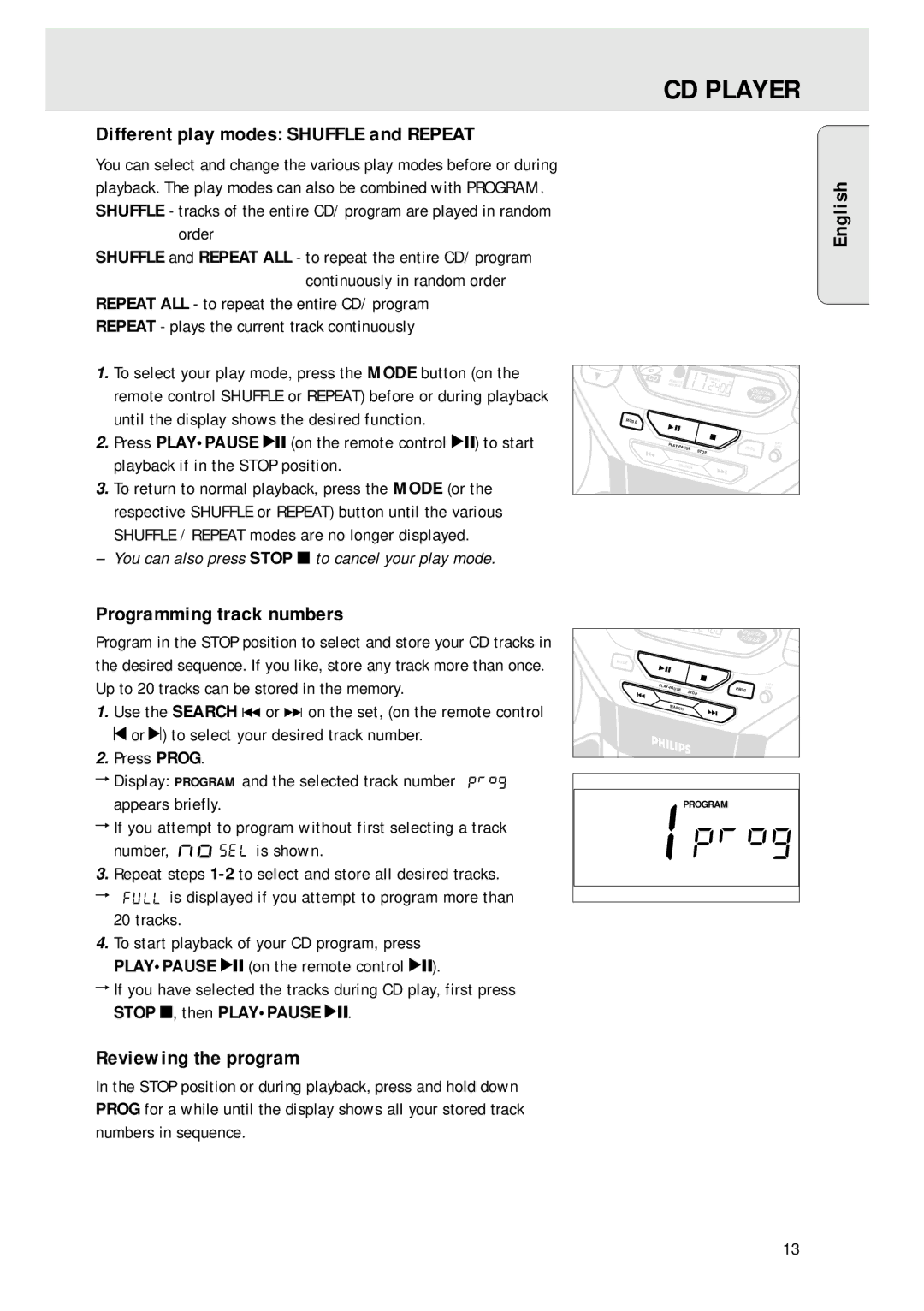 Magnavox AZ 1045 manual Different play modes Shuffle and Repeat, Programming track numbers, Reviewing the program, Order 