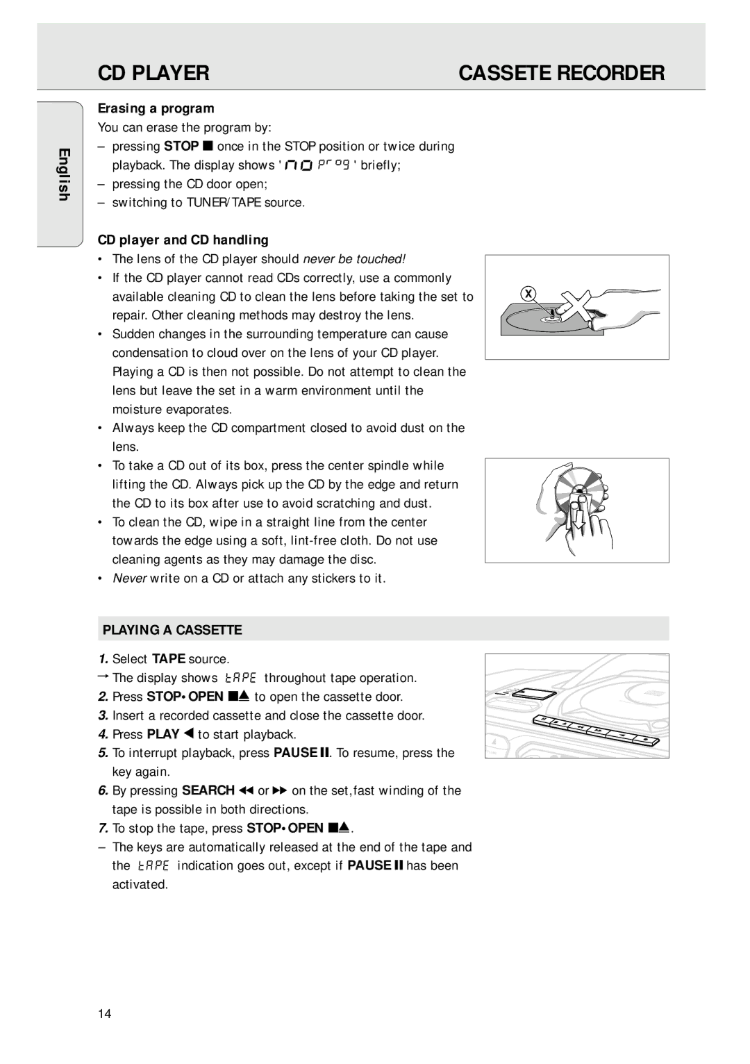 Magnavox AZ 1045 manual Erasing a program, CD player and CD handling, Repair. Other cleaning methods may destroy the lens 