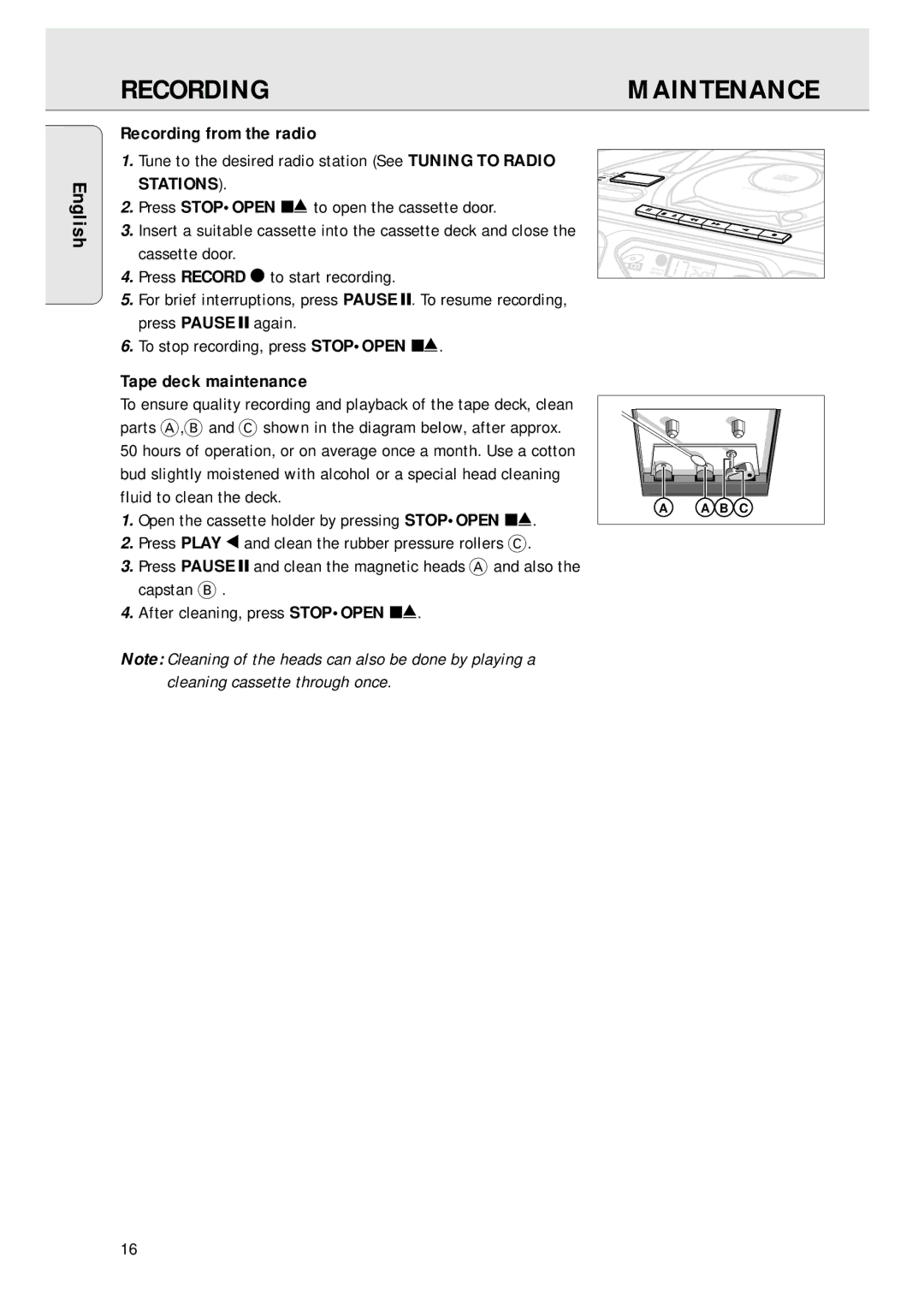 Magnavox AZ 1045 manual Recording Maintenance, Recording from the radio, Tape deck maintenance 