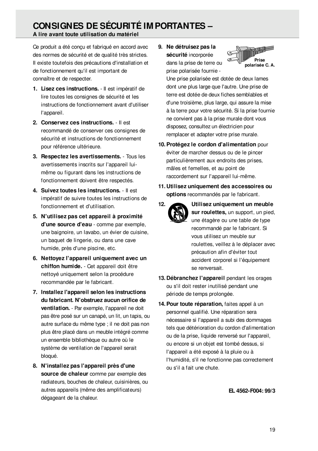 Magnavox AZ 1045 manual Consignes DE Sécurité Importantes, Lire avant toute utilisation du matériel, EL 4562-F004 99/3 