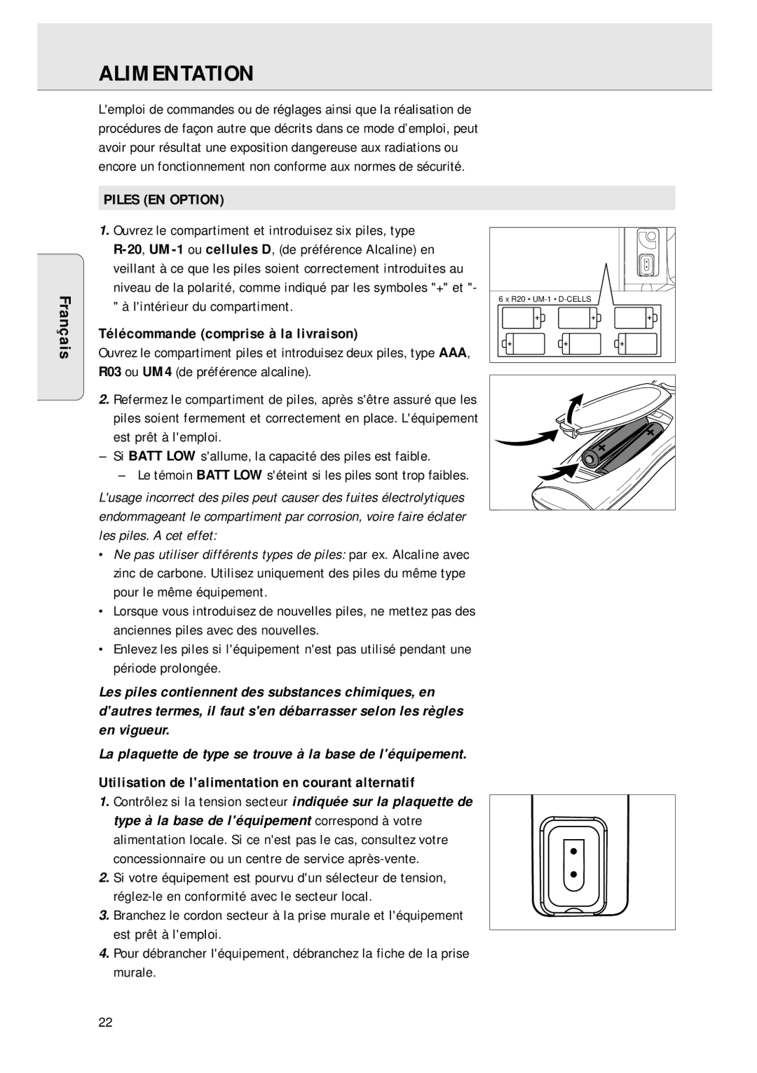 Magnavox AZ 1045 manual Alimentation, Piles EN Option, Télécommande comprise à la livraison 