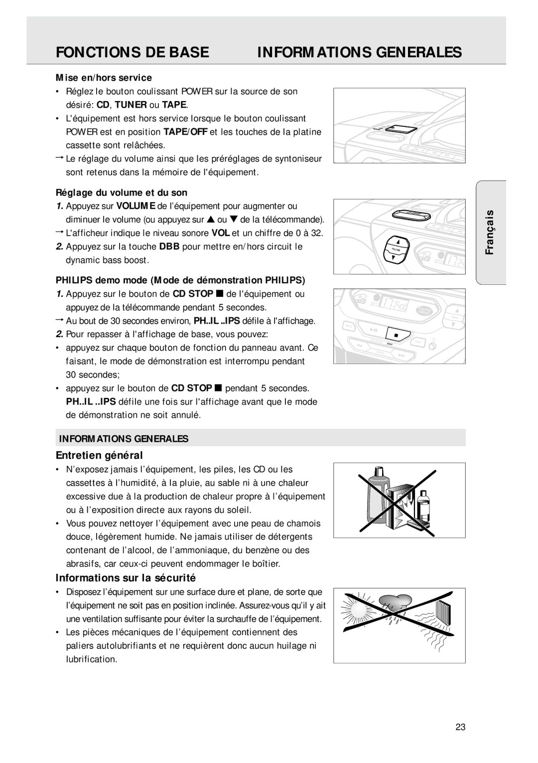 Magnavox AZ 1045 manual Fonctions DE Base Informations Generales, Entretien général, Informations sur la sécurité 