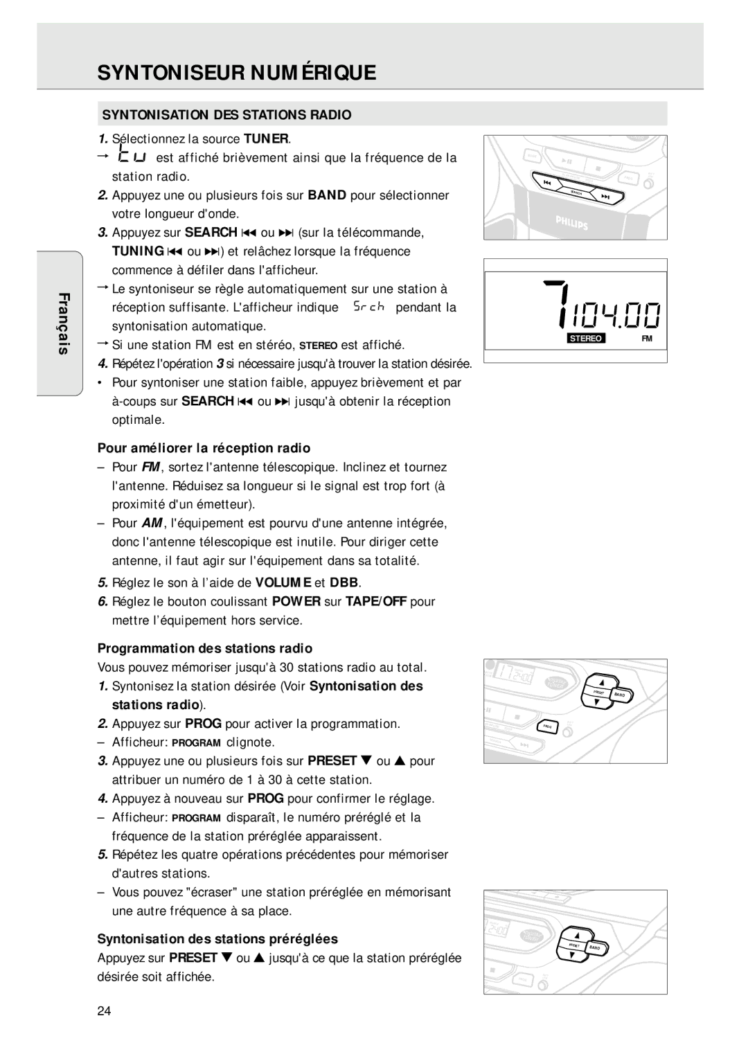 Magnavox AZ 1045 manual Syntoniseur Numérique, Syntonisation DES Stations Radio, Pour améliorer la réception radio 