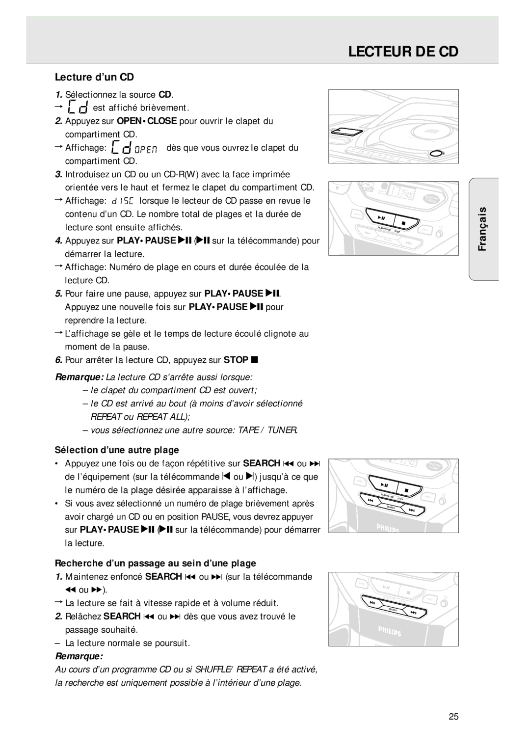 Magnavox AZ 1045 manual Lecteur DE CD, Lecture d’un CD, Démarrer la lecture, Sélection d’une autre plage 