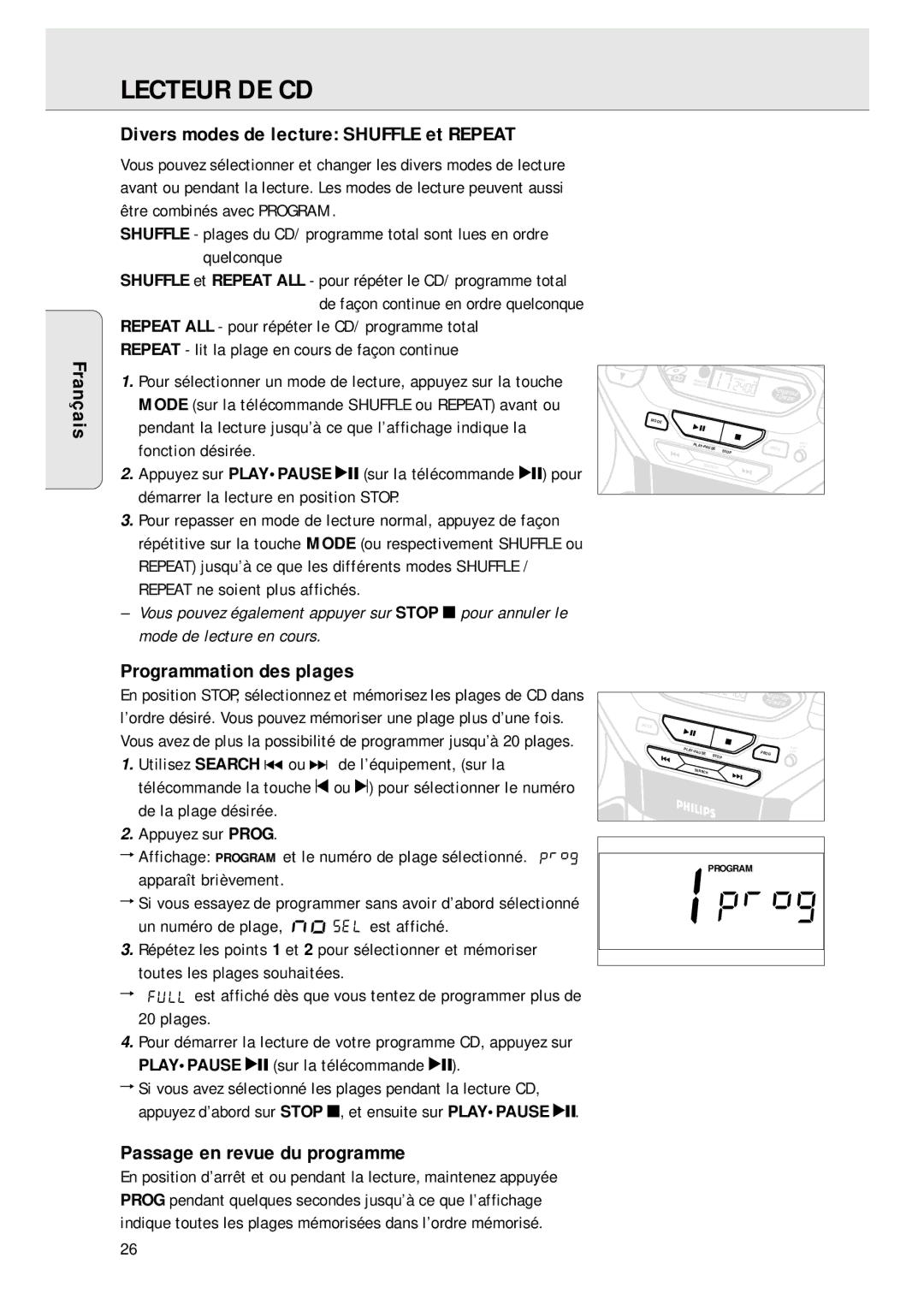 Magnavox AZ 1045 manual Divers modes de lecture Shuffle et Repeat, Programmation des plages, Passage en revue du programme 