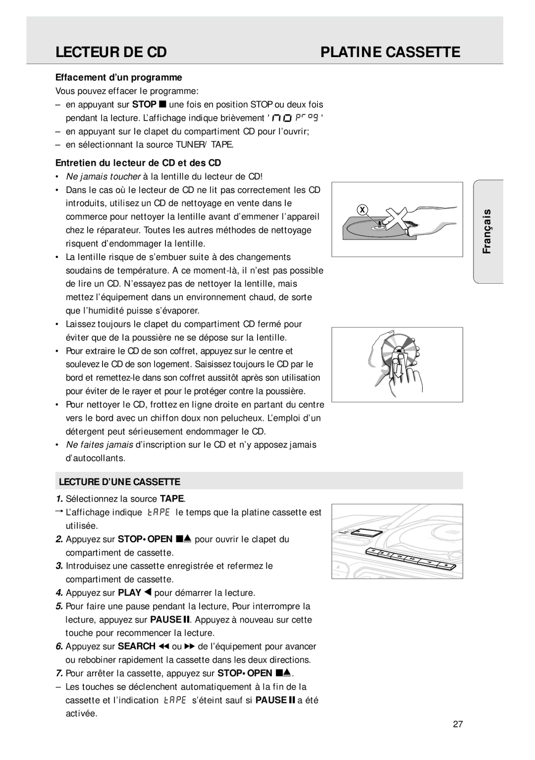 Magnavox AZ 1045 Lecteur DE CD Platine Cassette, Effacement d’un programme, Entretien du lecteur de CD et des CD, Français 
