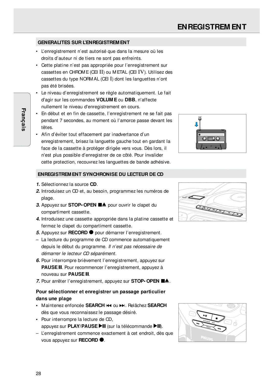 Magnavox AZ 1045 manual Generalites SUR L’ENREGISTREMENT, Enregistrement Synchronise DU Lecteur DE CD 