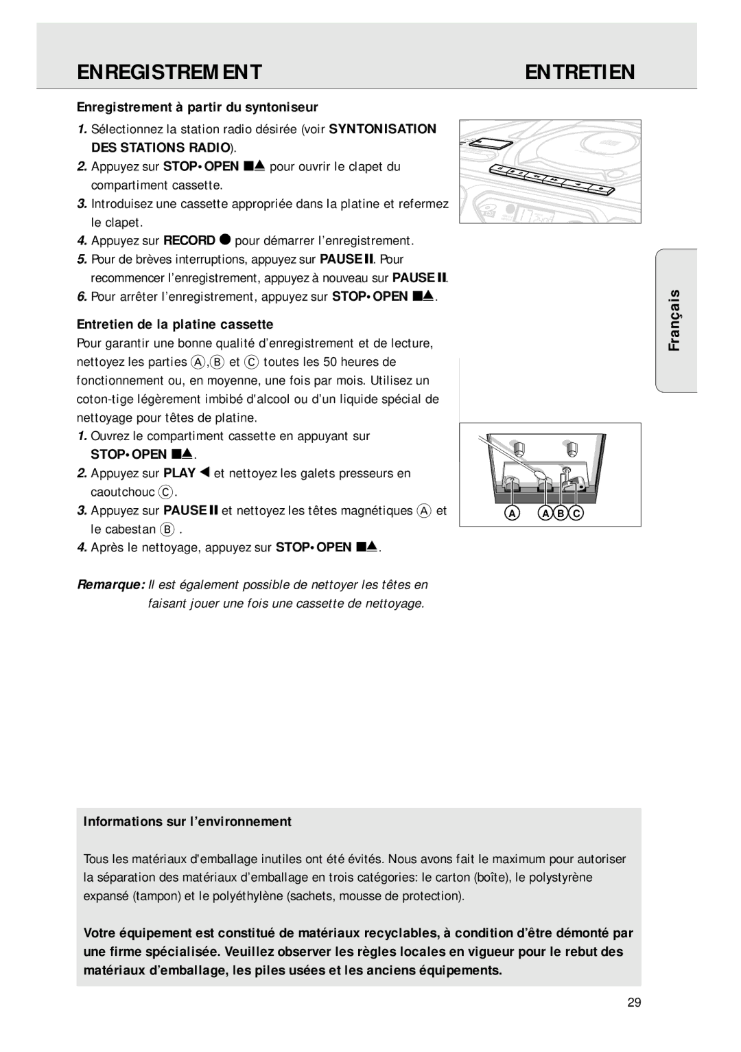 Magnavox AZ 1045 Enregistrement Entretien, Çais, Enregistrement à partir du syntoniseur, Entretien de la platine cassette 