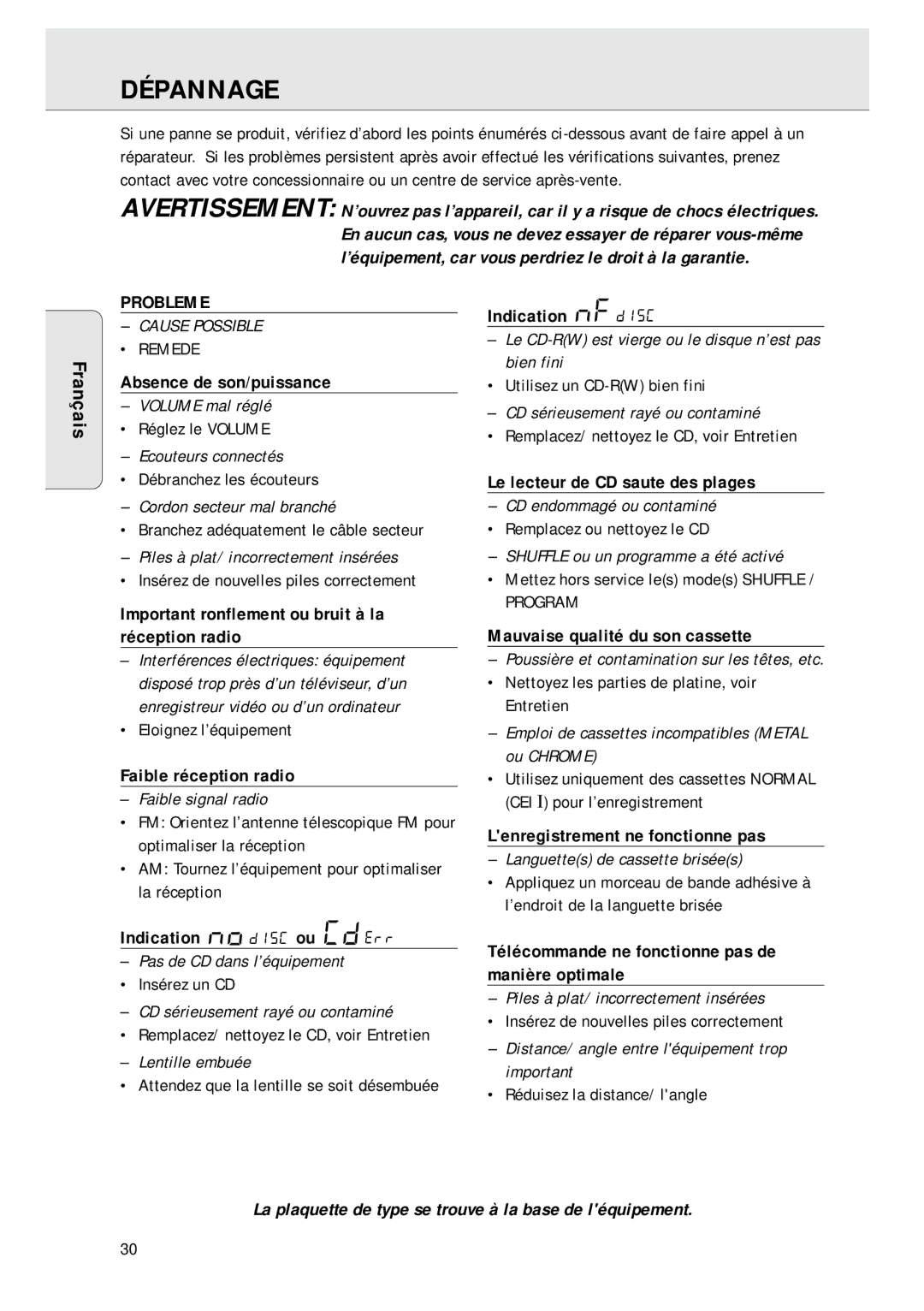 Magnavox AZ 1045 manual Dépannage, Probleme 