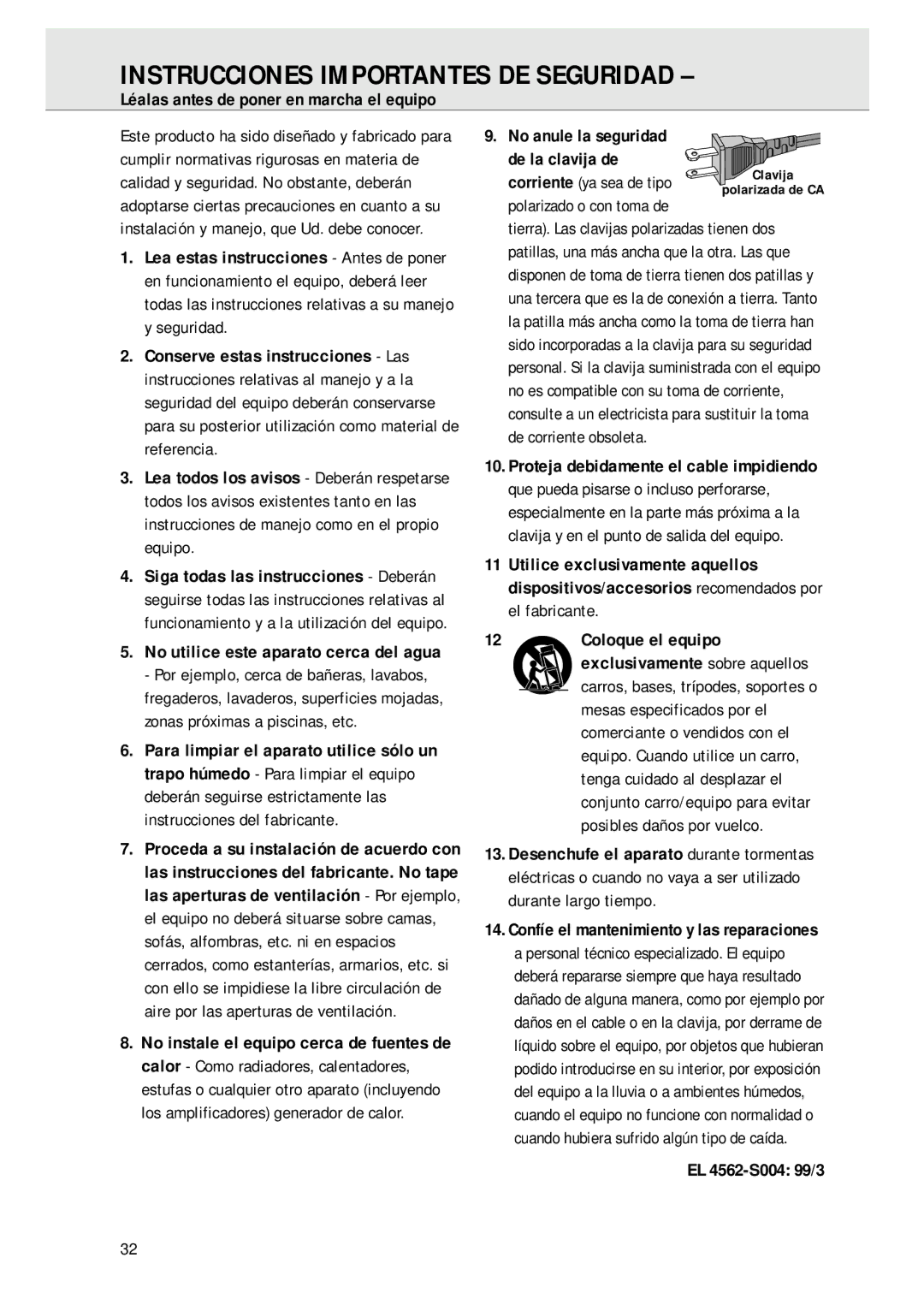 Magnavox AZ 1045 Instrucciones Importantes DE Seguridad, Léalas antes de poner en marcha el equipo, EL 4562-S004 99/3 