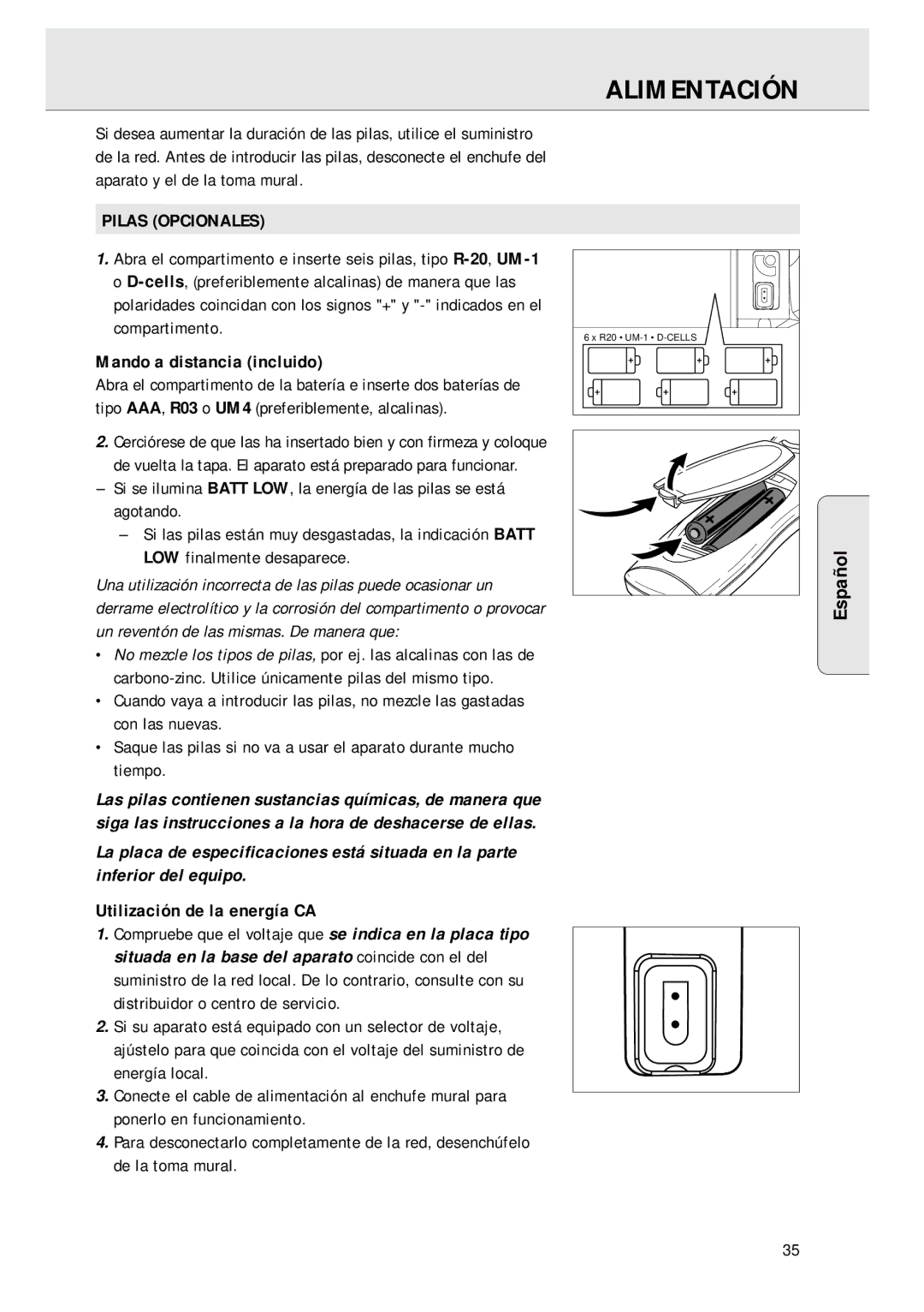 Magnavox AZ 1045 manual Alimentación, Pilas Opcionales, Mando a distancia incluido, Utilización de la energía CA 