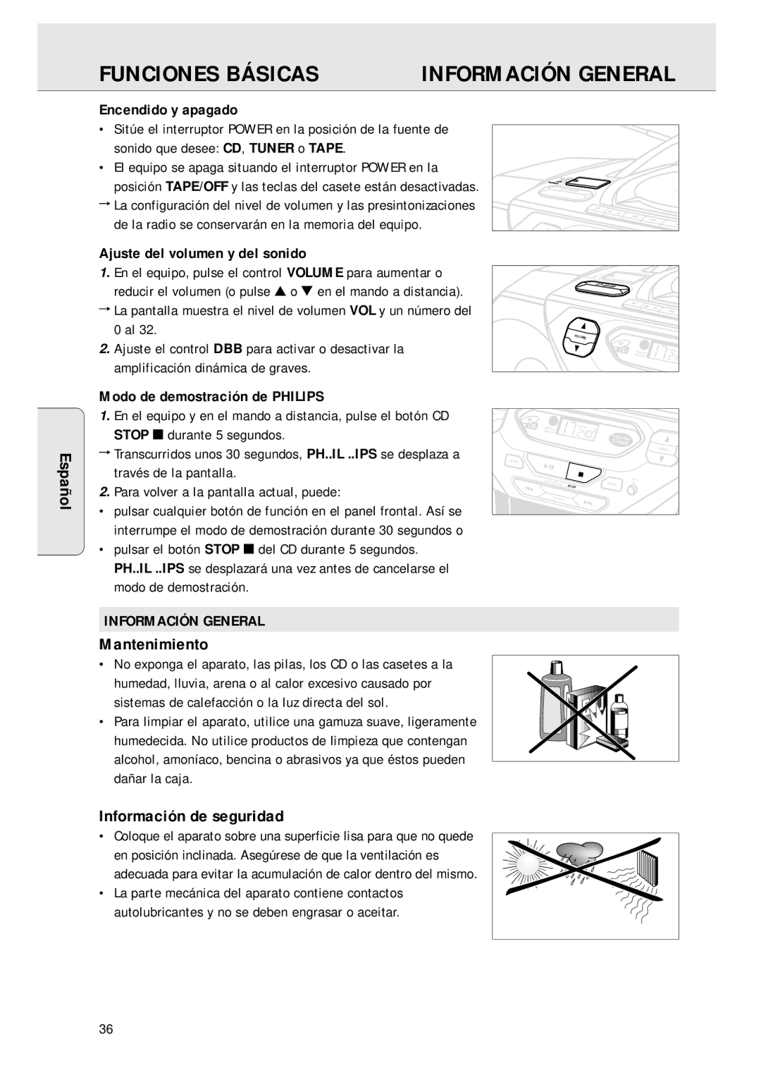 Magnavox AZ 1045 manual Funciones Básicas, Mantenimiento, Información de seguridad, Información General 