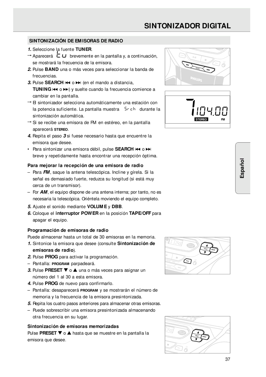 Magnavox AZ 1045 manual Sintonizador Digital, Sintonización DE Emisoras DE Radio, Programación de emisoras de radio 