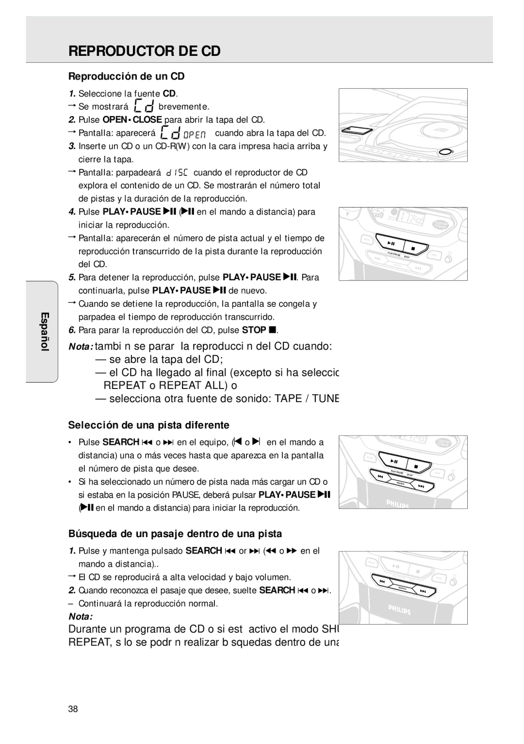 Magnavox AZ 1045 manual Reproductor DE CD, Reproducción de un CD, Selección de una pista diferente 