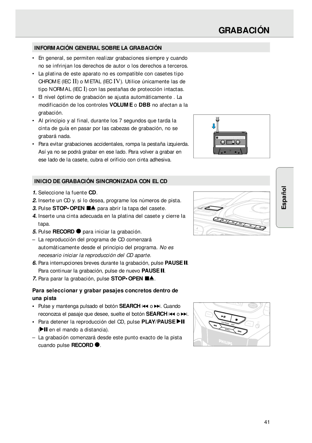 Magnavox AZ 1045 manual Información General Sobre LA Grabación, Inicio DE Grabación Sincronizada CON EL CD 