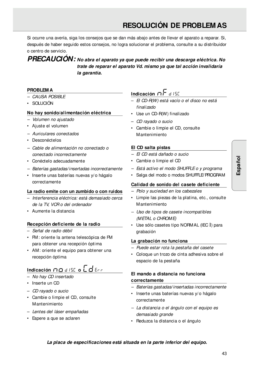 Magnavox AZ 1045 manual Resolución DE Problemas 