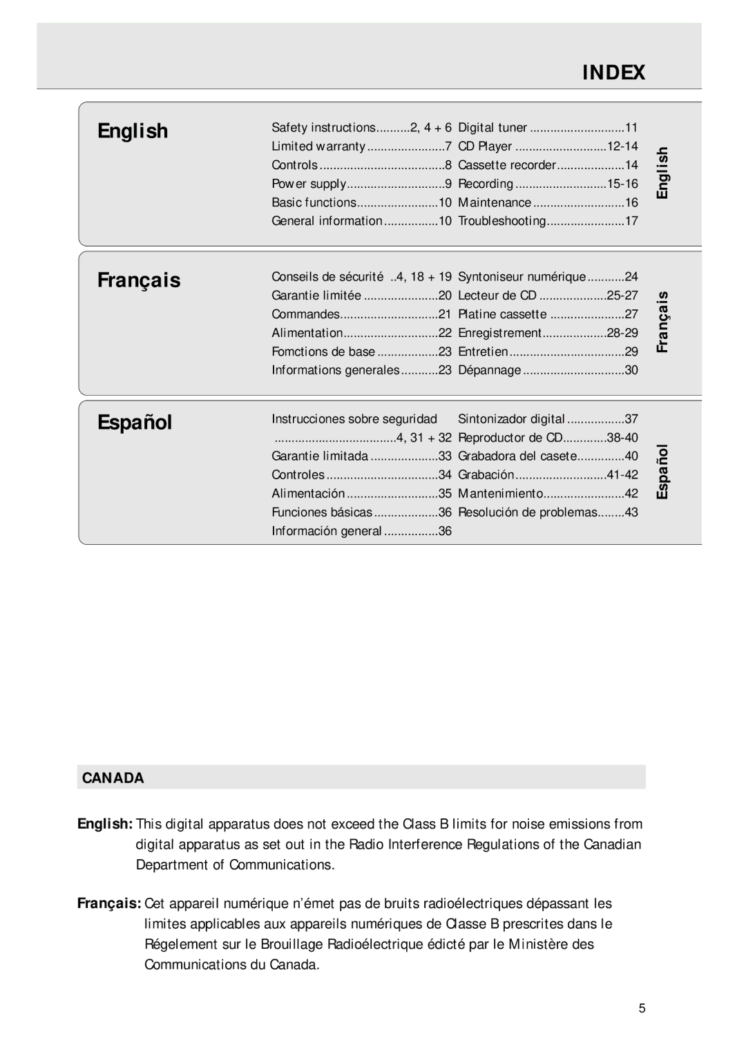 Magnavox AZ 1045 manual Index, English, Français, Español 