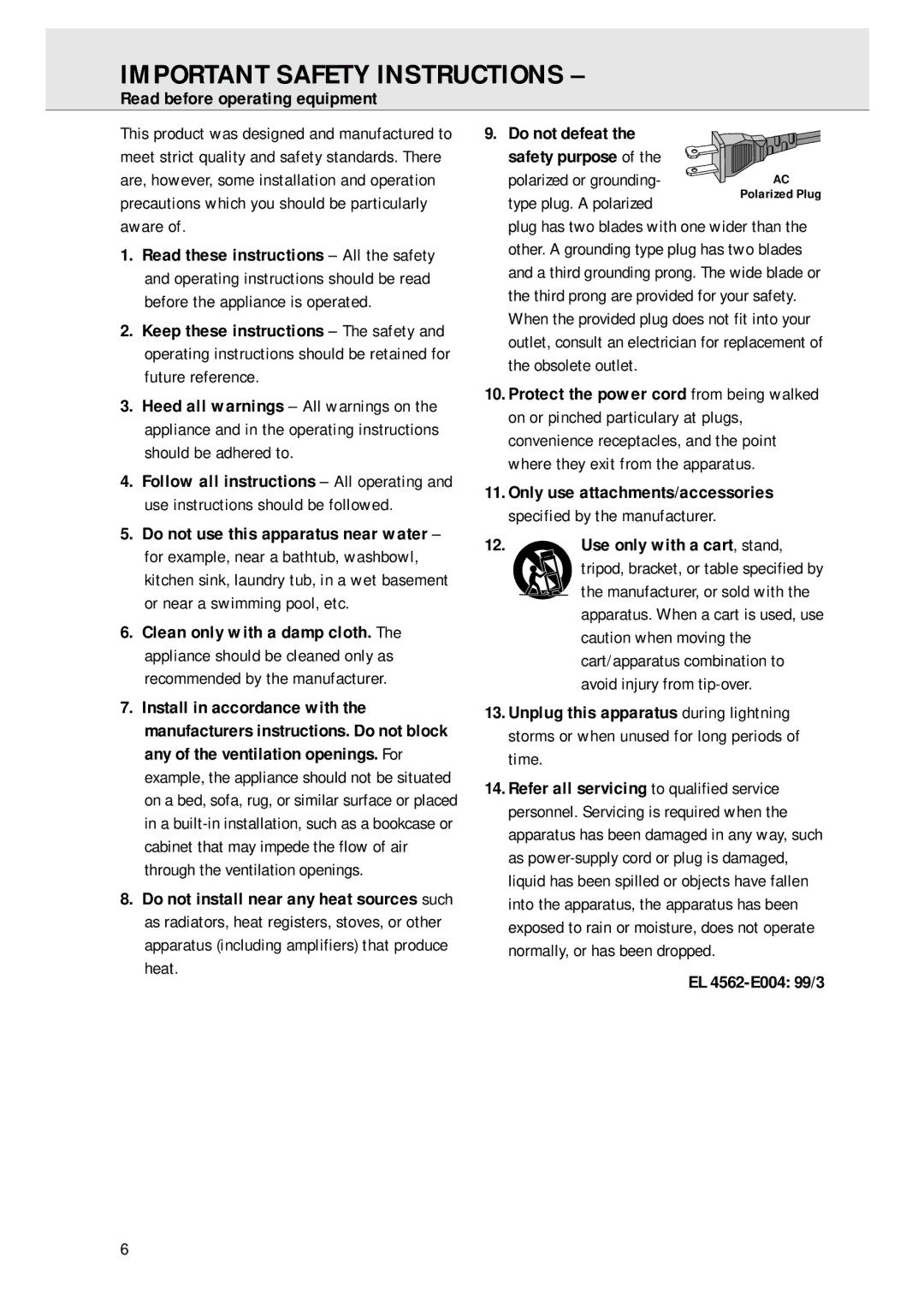 Magnavox AZ 1045 Important Safety Instructions, Read before operating equipment, Type plug. a polarized, EL 4562-E004 99/3 