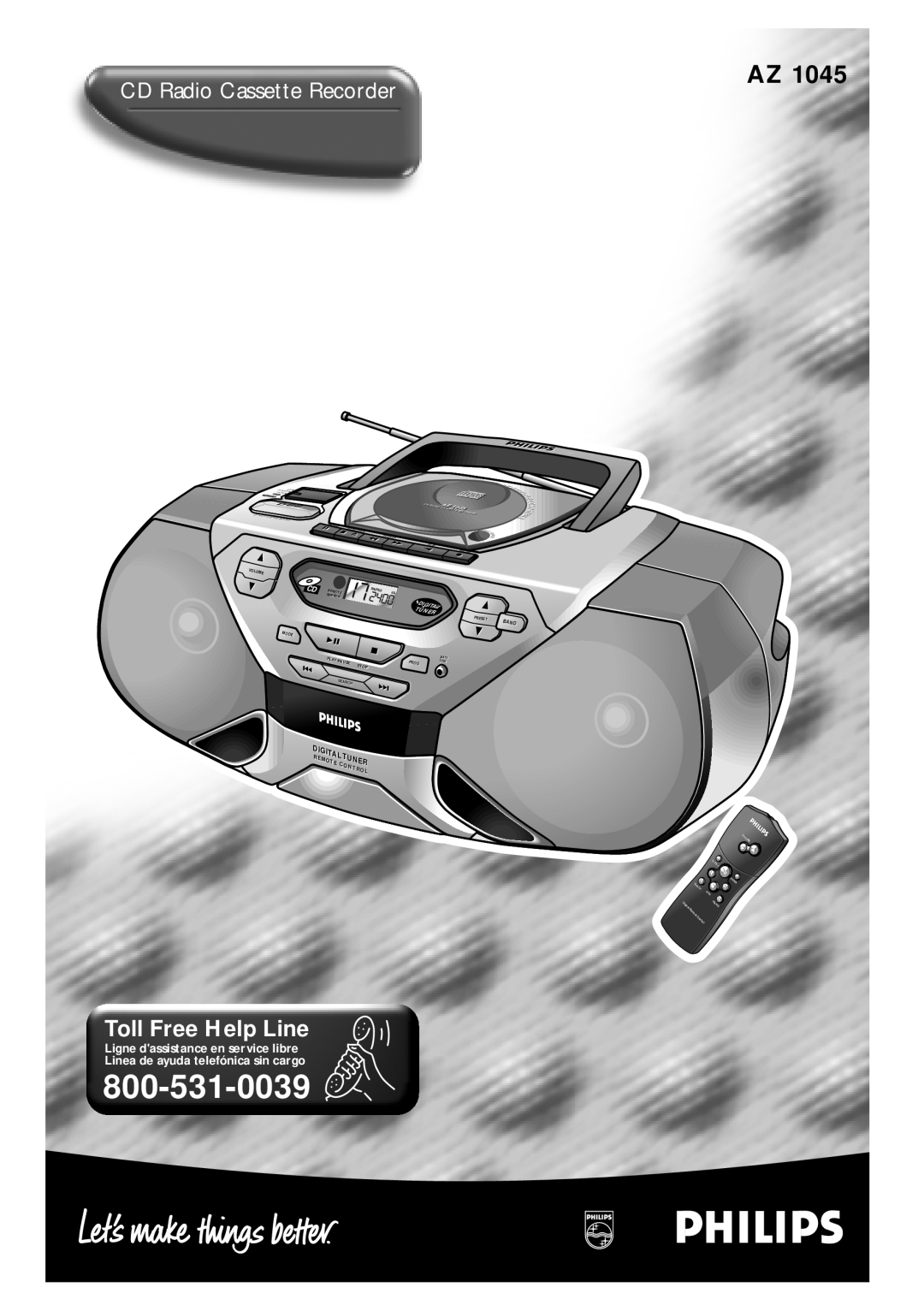 Magnavox AZ 1045 manual CD Radio Cassette Recorder, Toll Free Help Line, Tuner, Band, Digitali, Volume, Modemode, Stop 
