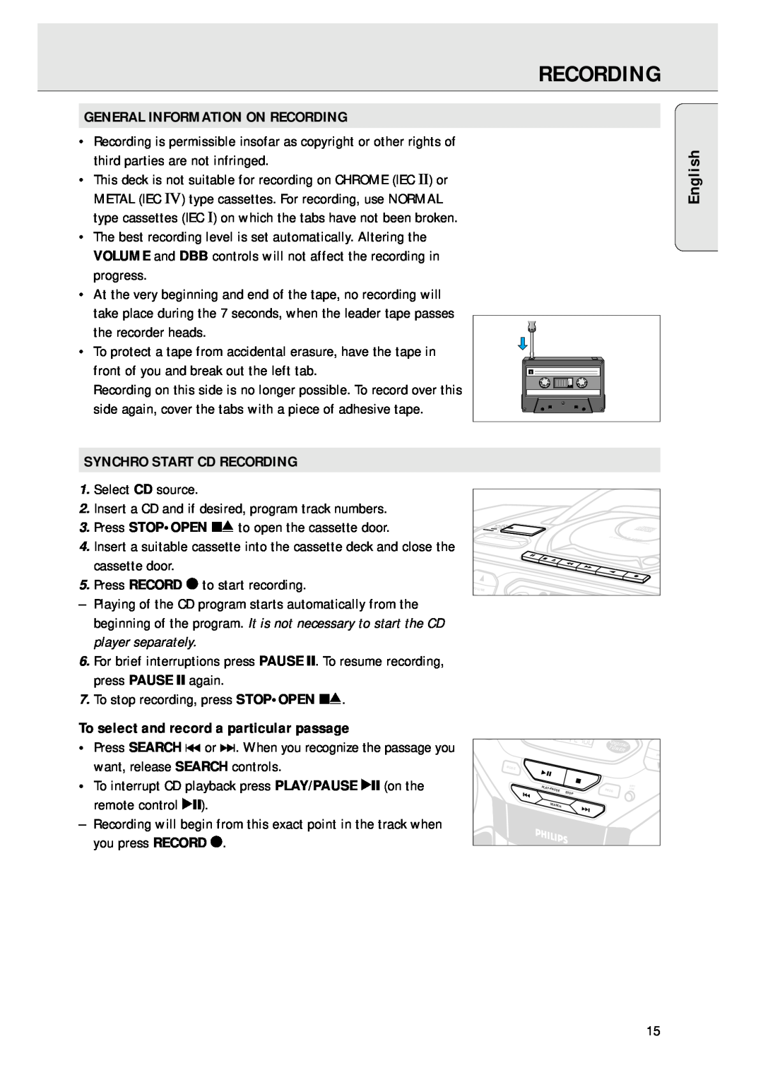 Magnavox AZ 1045 manual English, General Information On Recording, Synchro Start Cd Recording 