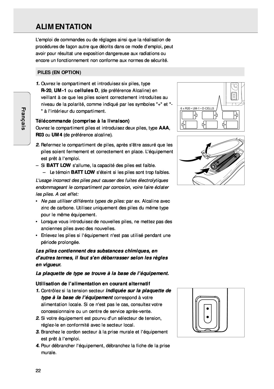 Magnavox AZ 1045 manual Alimentation, Français, Piles En Option, Télécommande comprise à la livraison 