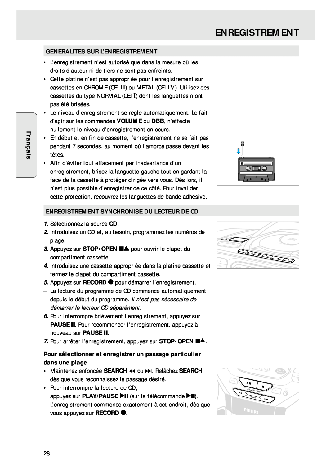 Magnavox AZ 1045 manual Français, Generalites Sur L’Enregistrement, Enregistrement Synchronise Du Lecteur De Cd 
