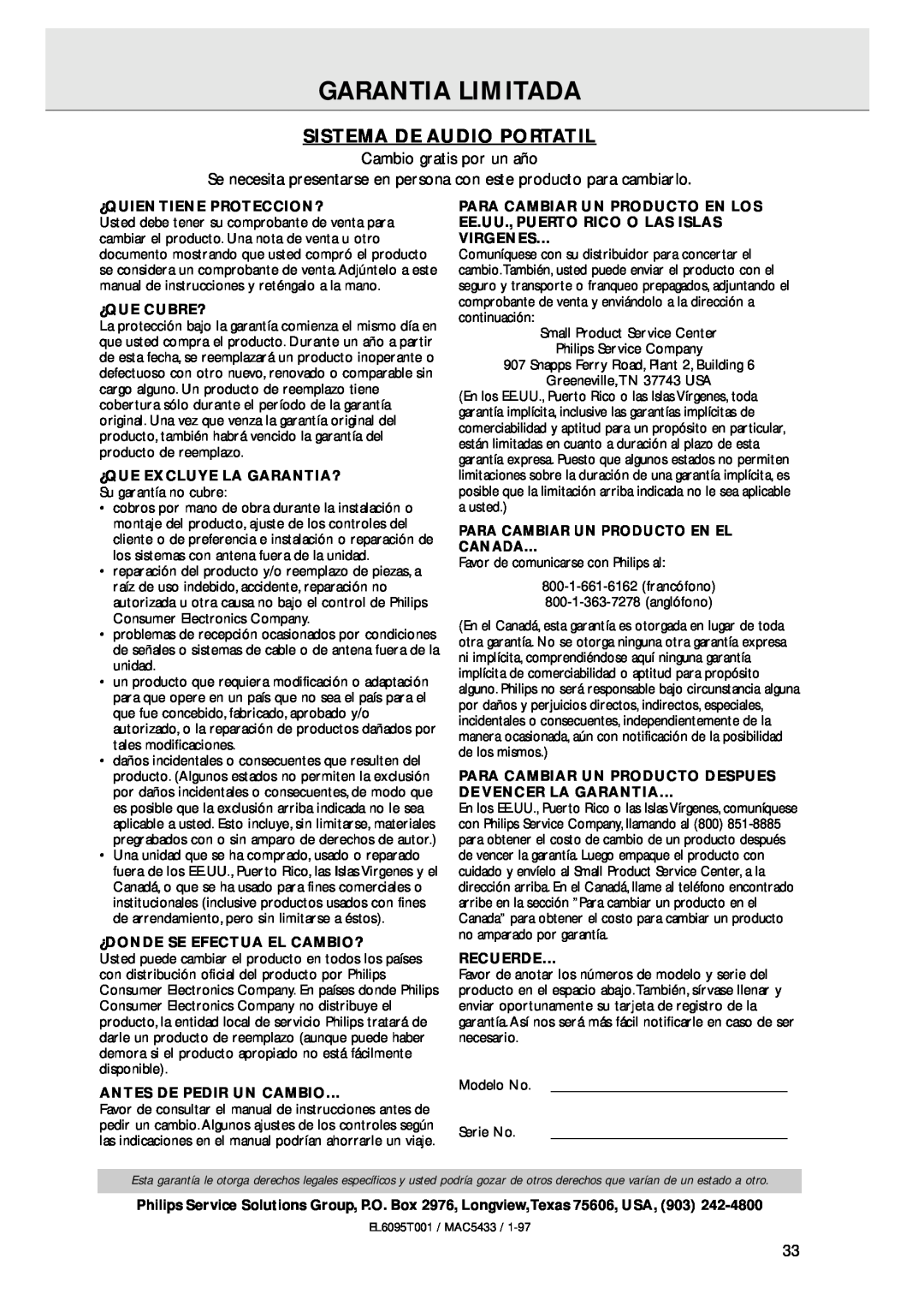 Magnavox AZ 1045 manual Garantia Limitada, Sistema De Audio Portatil 