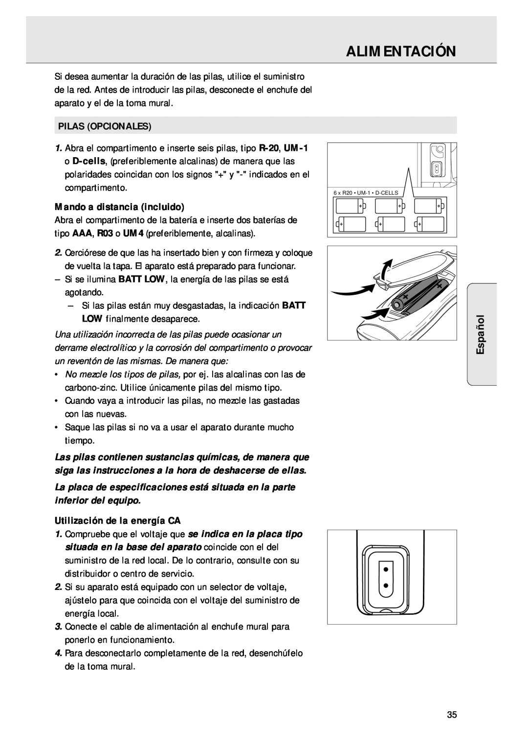 Magnavox AZ 1045 manual Alimentación, Español, Pilas Opcionales, Mando a distancia incluido, Utilización de la energía CA 