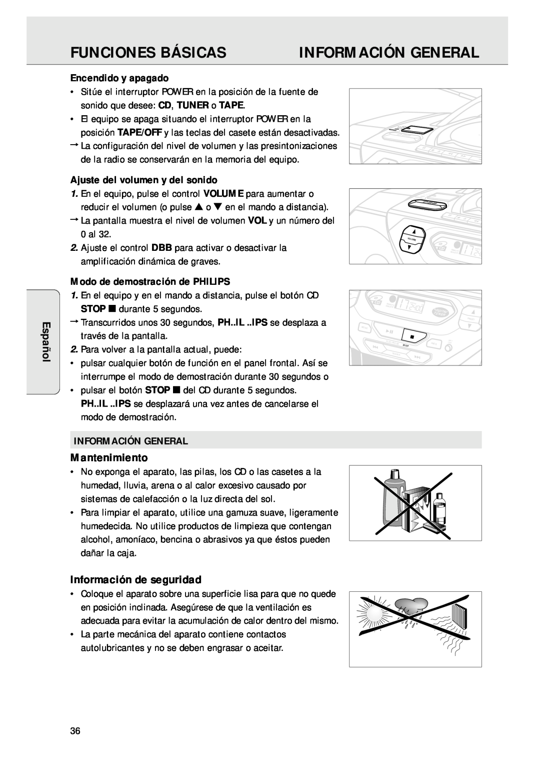 Magnavox AZ 1045 manual Funciones Básicas, Información General, Mantenimiento, Información de seguridad, Español 