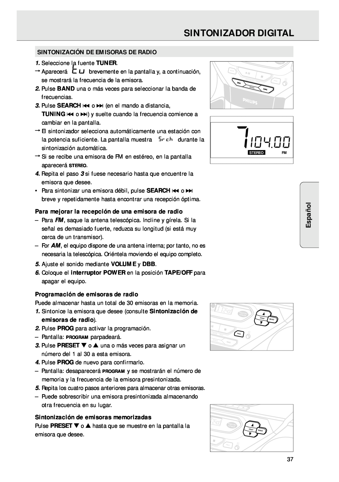 Magnavox AZ 1045 Sintonizador Digital, Español, Sintonización De Emisoras De Radio, Programación de emisoras de radio 