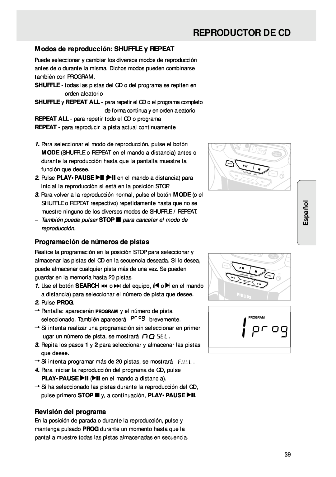 Magnavox AZ 1045 Modos de reproducción SHUFFLE y REPEAT, Programación de números de pistas, Revisión del programa, Español 