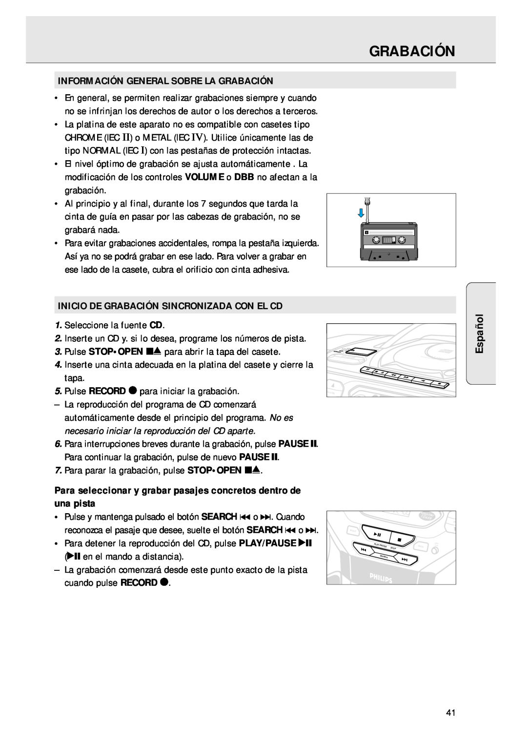 Magnavox AZ 1045 manual Información General Sobre La Grabación, Inicio De Grabación Sincronizada Con El Cd, Español 