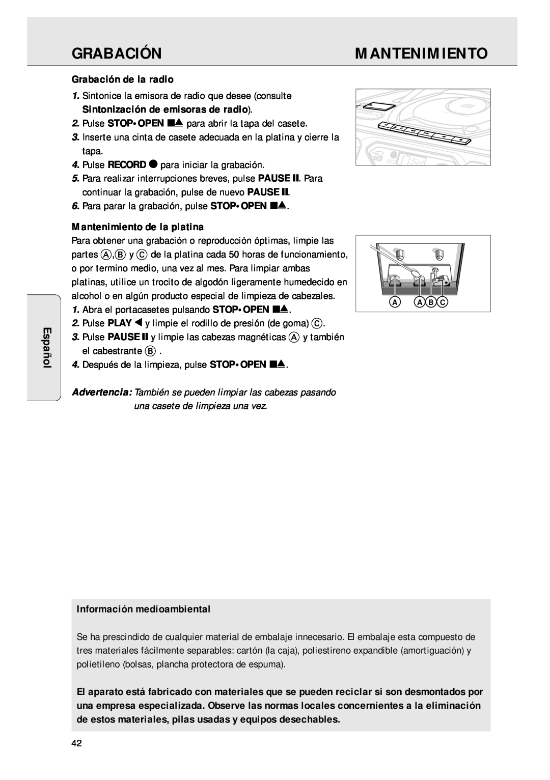 Magnavox AZ 1045 manual Español, Grabación de la radio, Mantenimiento de la platina, Información medioambiental 