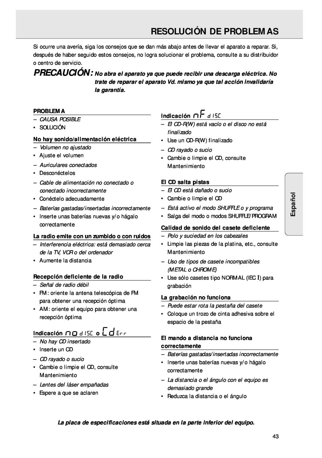 Magnavox AZ 1045 manual Resolución De Problemas, Español, Causa Posible, No hay sonido/alimentación eléctrica, Indicación 