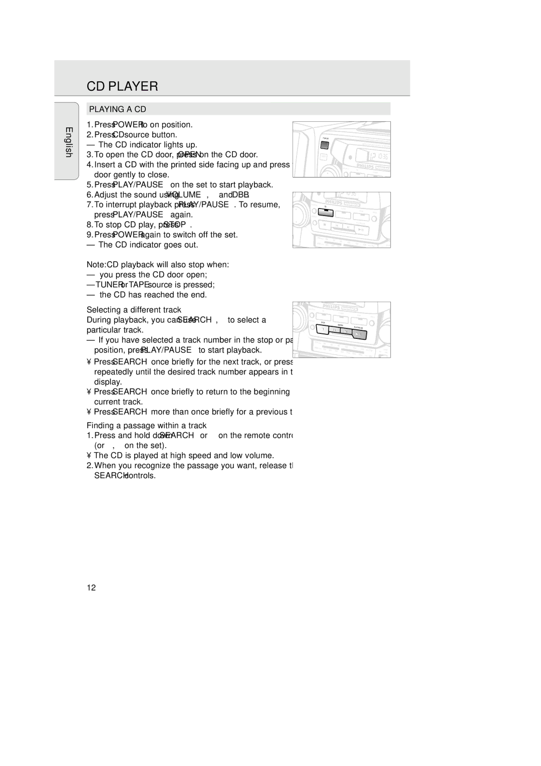 Magnavox AZ 2755 manual CD Player, Playing a CD, Selecting a different track, Finding a passage within a track 