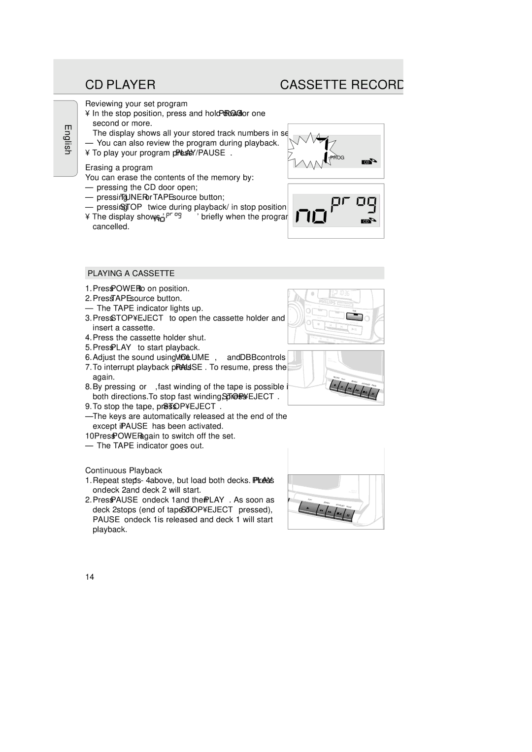 Magnavox AZ 2755 Reviewing your set program, Erasing a program, Playing a Cassette, To stop the tape, press Stopeject 