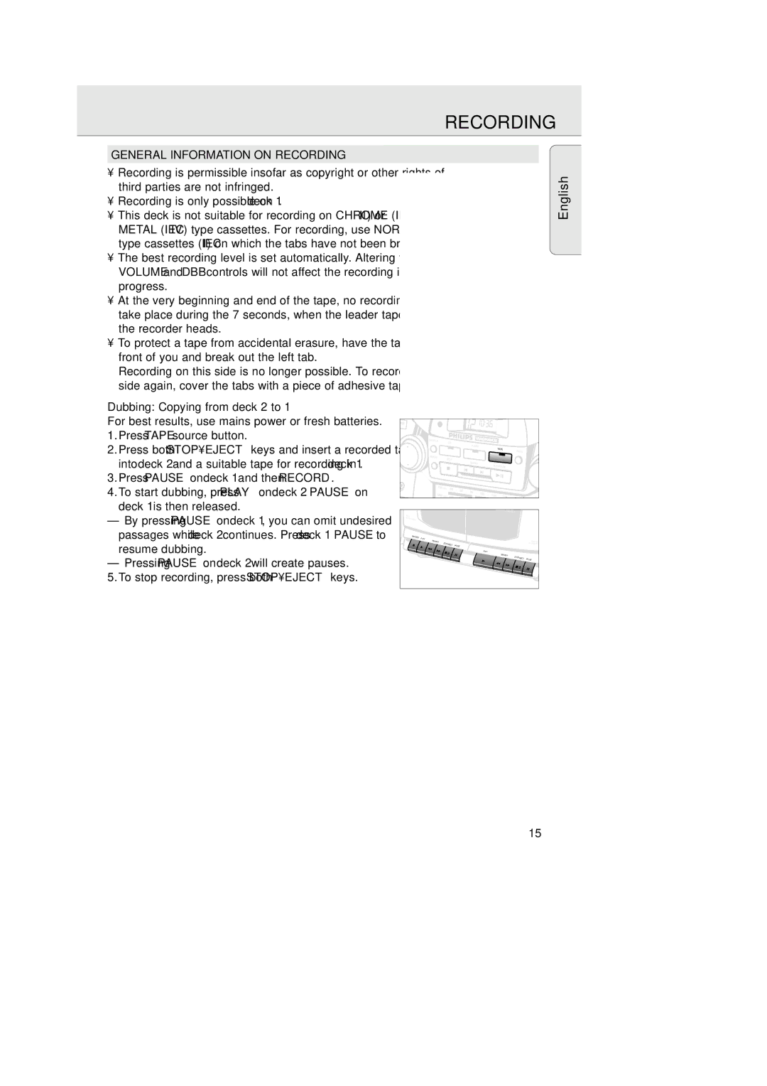 Magnavox AZ 2755 manual General Information on Recording, Dubbing Copying from deck 2 to 