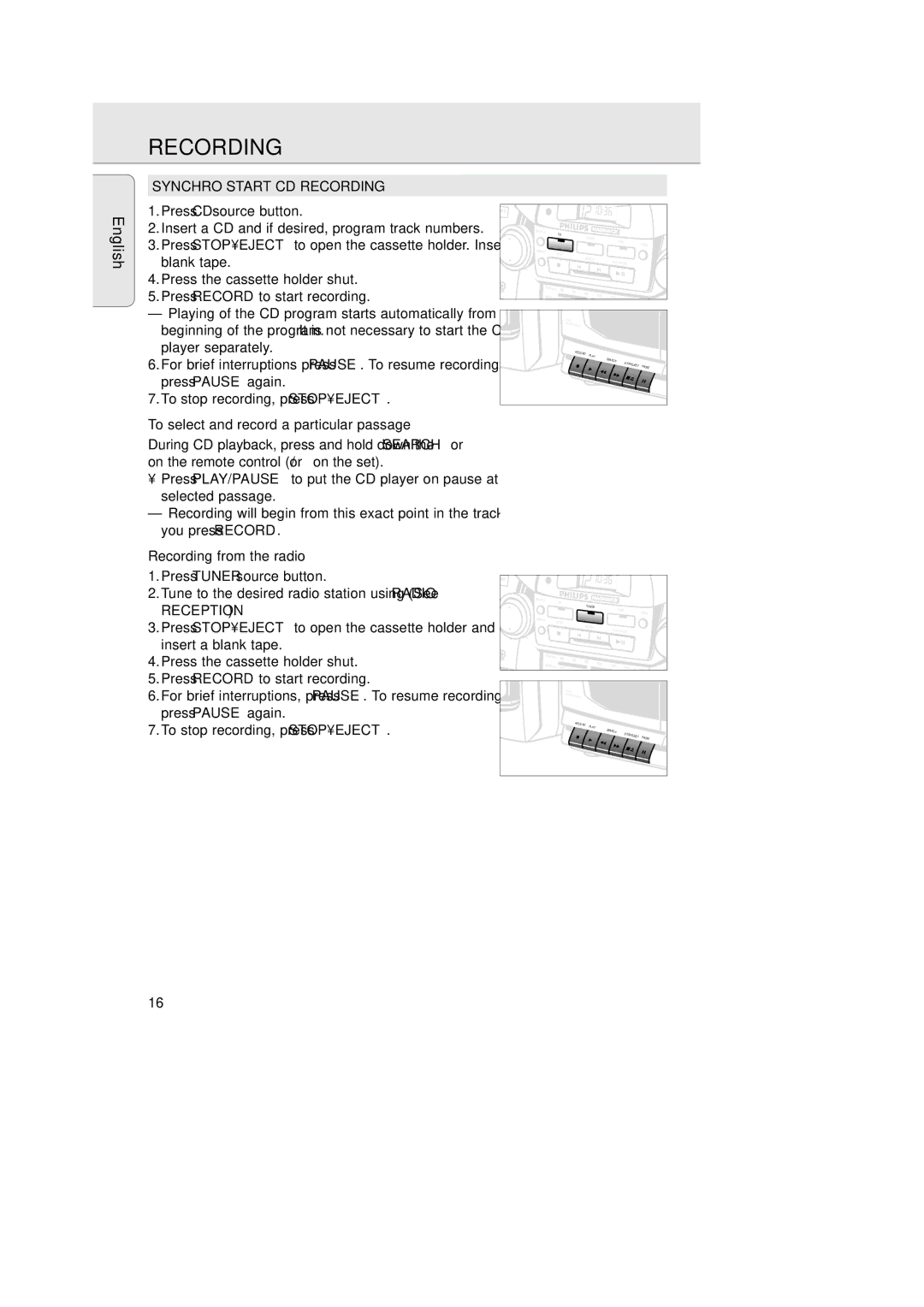 Magnavox AZ 2755 manual Synchro Start CD Recording, To select and record a particular passage, Recording from the radio 