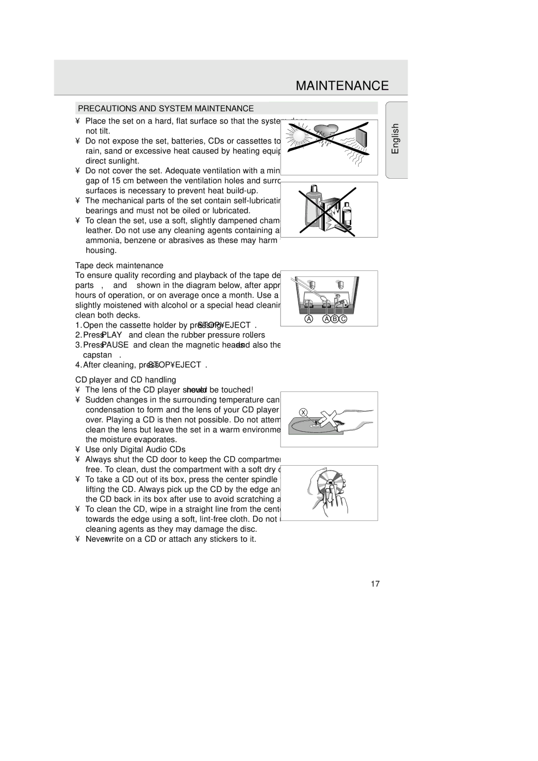 Magnavox AZ 2755 manual Precautions and System Maintenance, Tape deck maintenance, CD player and CD handling 