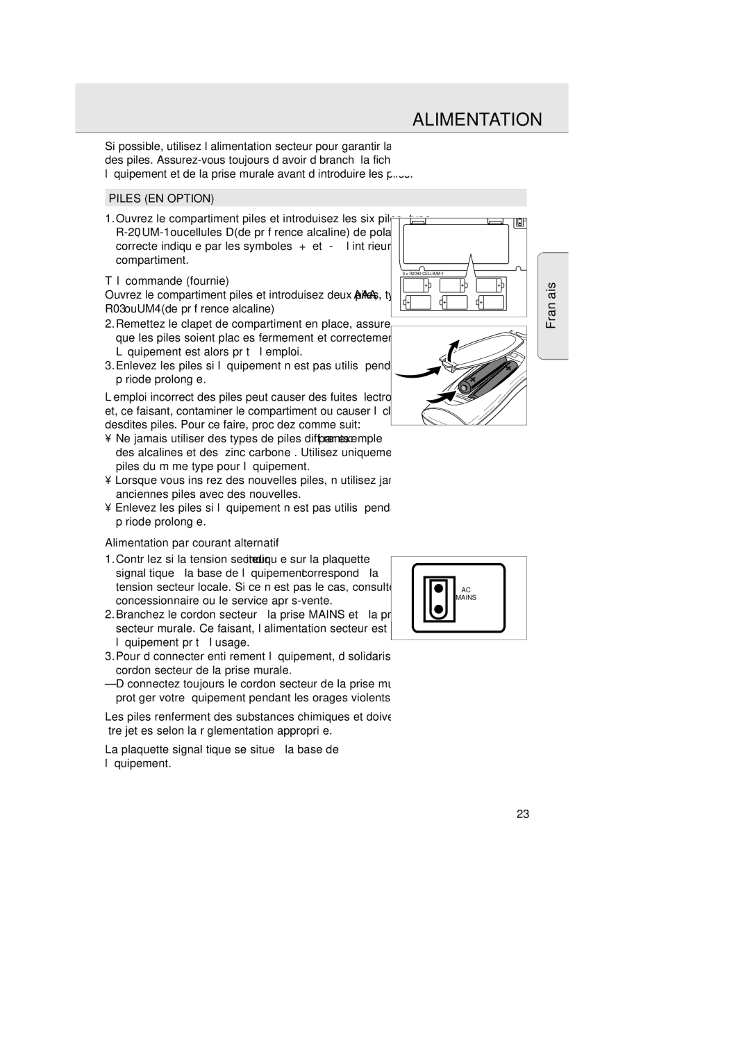 Magnavox AZ 2755 manual Piles EN Option, Télécommande fournie, Alimentation par courant alternatif 