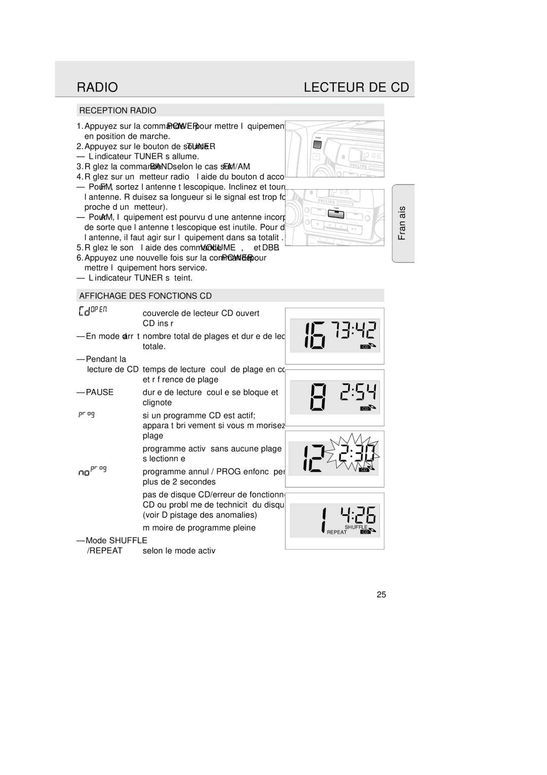 Magnavox AZ 2755 manual Reception Radio, Affichage DES Fonctions CD, Pendant la, Mode Shuffle 