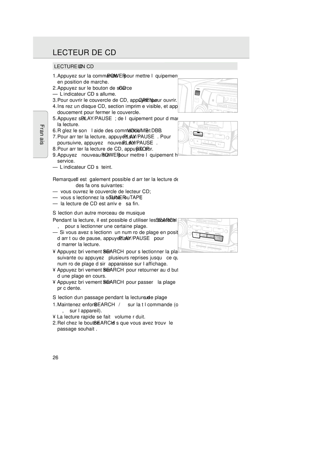 Magnavox AZ 2755 manual Lecteur DE CD, Lecture D’UN CD, Sélection d’un autre morceau de musique 