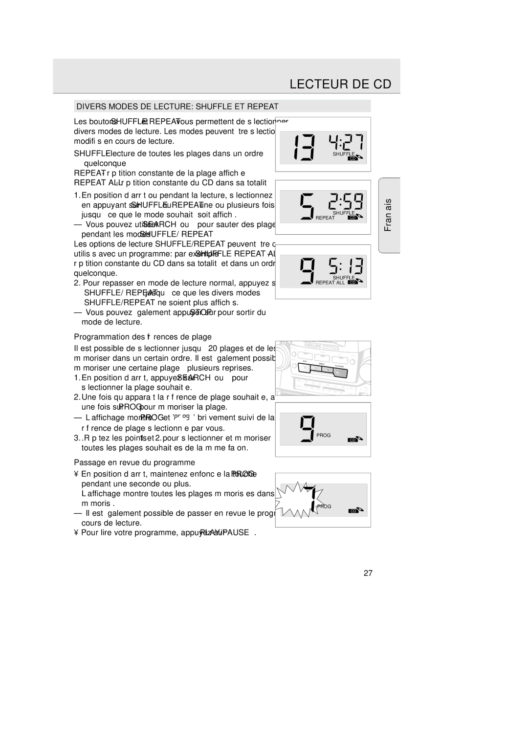 Magnavox AZ 2755 manual Divers Modes DE Lecture Shuffle ET Repeat, Jusqu’à ce que le mode souhaité soit affiché 