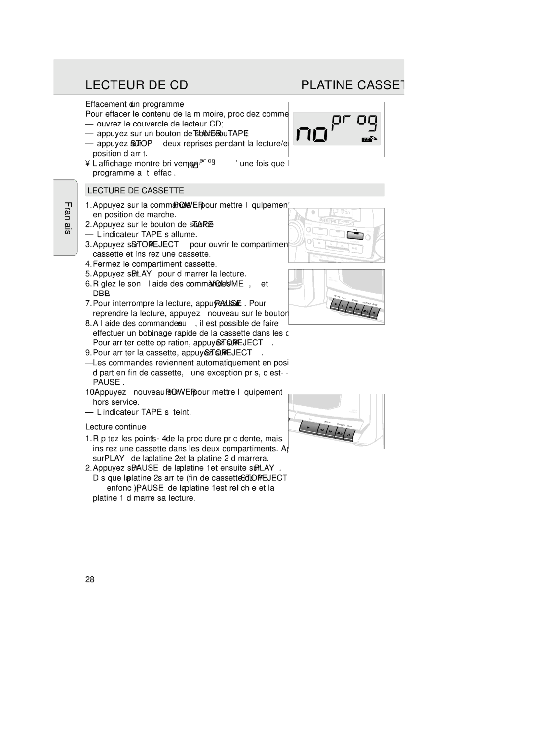 Magnavox AZ 2755 manual Effacement d’un programme, Lecture DE Cassette, Lecture continue 