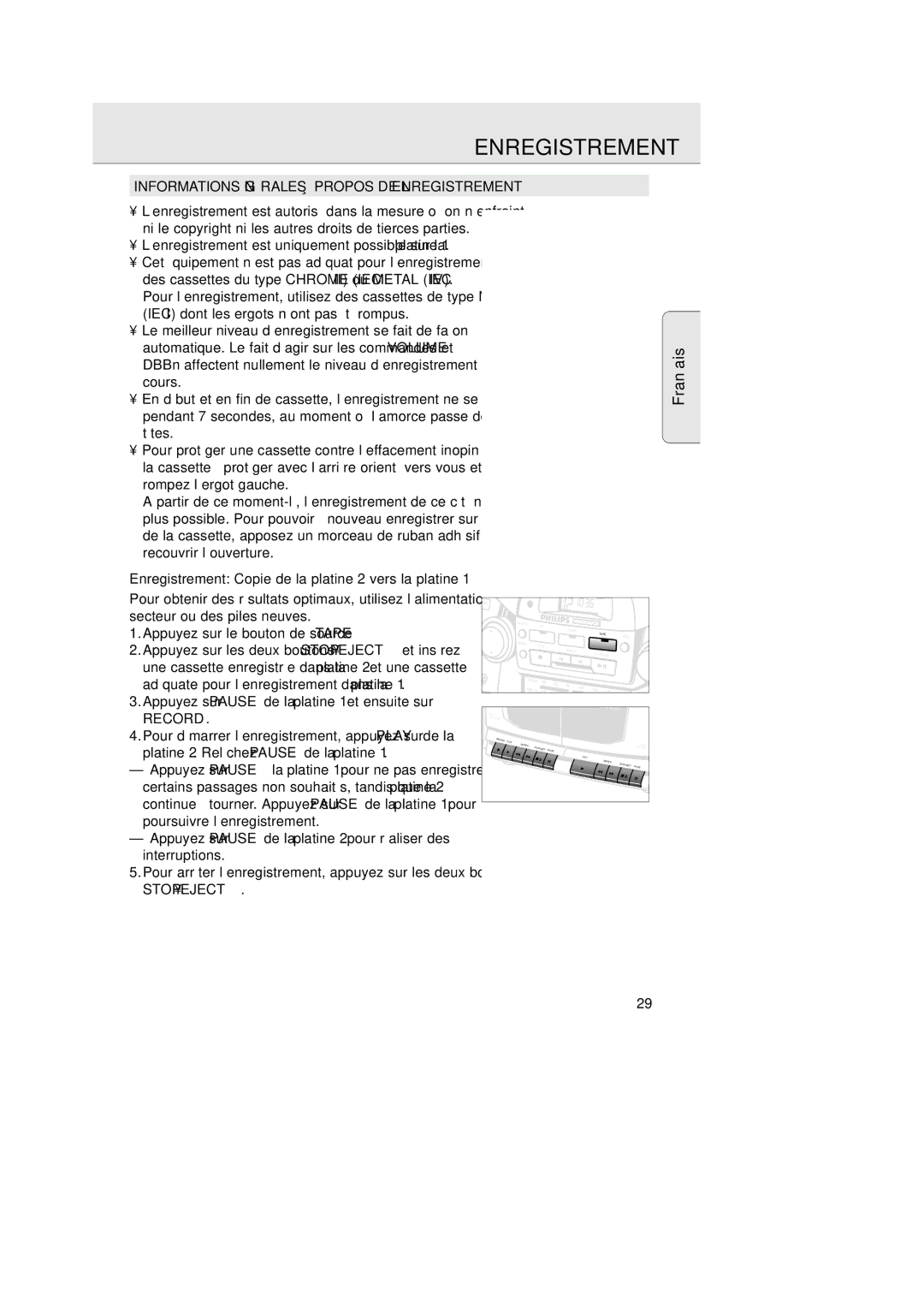 Magnavox AZ 2755 manual Enregistrement, Informations Générales À Propos DE L’ENREGISTREMENT 