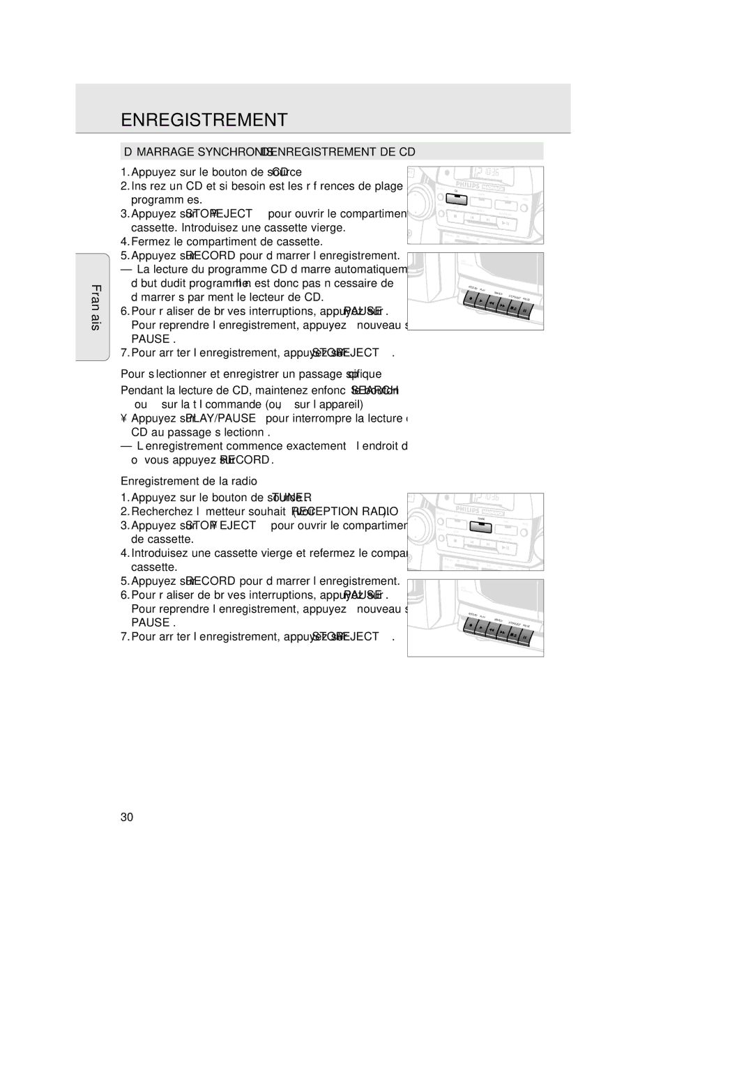 Magnavox AZ 2755 Démarrage Synchronisé D’ENREGISTREMENT DE CD, Pour sélectionner et enregistrer un passage spécifique 